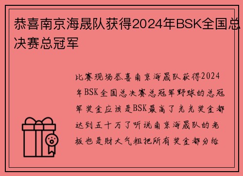 恭喜南京海晟队获得2024年BSK全国总决赛总冠军