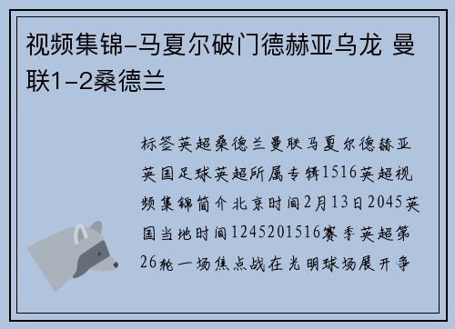 视频集锦-马夏尔破门德赫亚乌龙 曼联1-2桑德兰