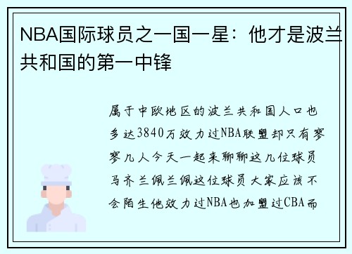 NBA国际球员之一国一星：他才是波兰共和国的第一中锋