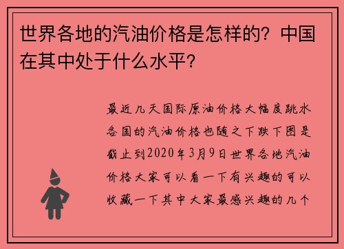 世界各地的汽油价格是怎样的？中国在其中处于什么水平？